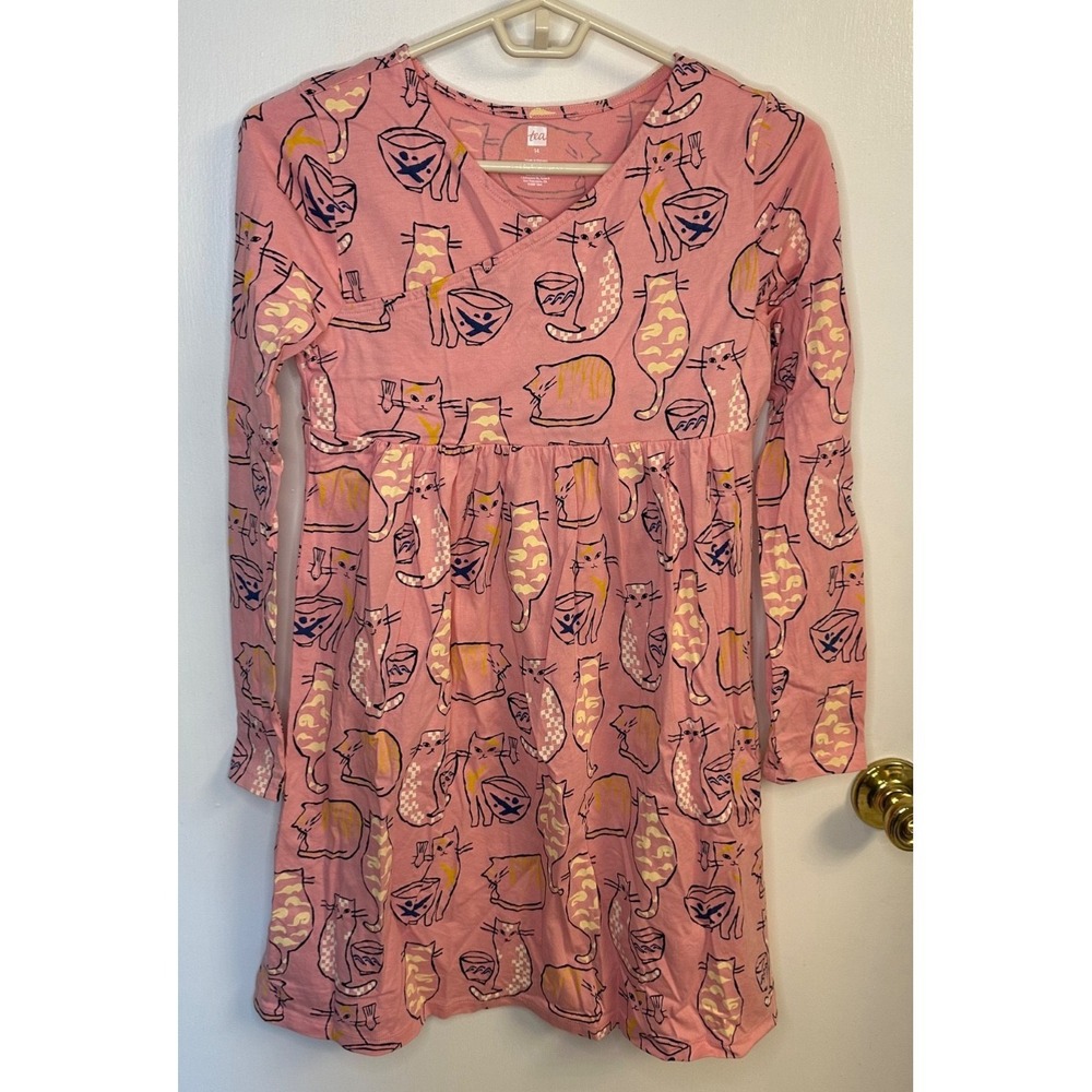 Tea‎ Collection Size 14 Pink Cat Print Long Sleeve Wrap Style Dress